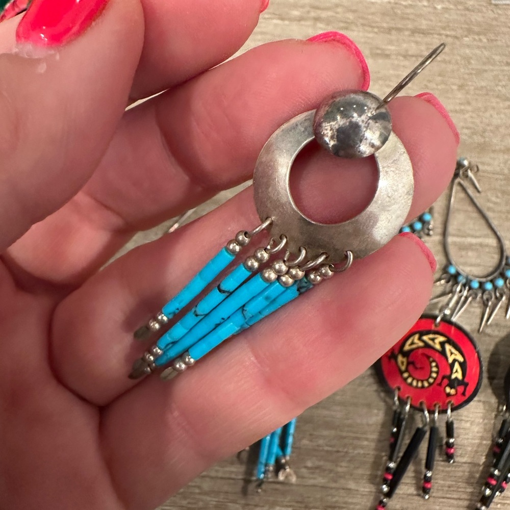 Selling a set of 4 earrings 3 or sterling silver with blue topaz. 1 hand painted - Picture 3 of 7